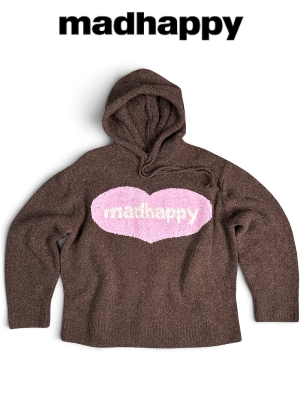 MADHAPPY HEART BOUCLE DARK COFFEE PINK ALPACA WOOL BLEND HOODIE SWEATER SIZE M